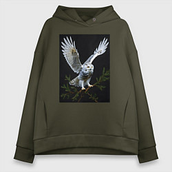 Толстовка оверсайз женская Белая сова на дереве, цвет: хаки