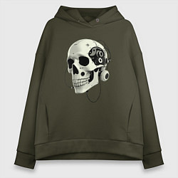 Толстовка оверсайз женская Кибернетический череп с проводами, цвет: хаки