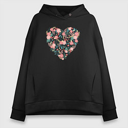 Толстовка оверсайз женская Арт сердце из цветов, цвет: черный