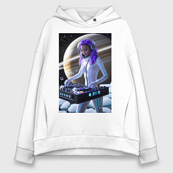 Толстовка оверсайз женская Девушка космо DJ на фоне сатурна, цвет: белый