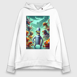 Толстовка оверсайз женская Bender bending robot among the monsters - ai art f, цвет: белый