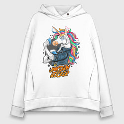 Толстовка оверсайз женская Единорог рокер, цвет: белый