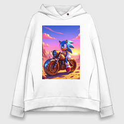 Толстовка оверсайз женская Ёж Соник на ржавом ретро мотоцикле в пустыне, цвет: белый