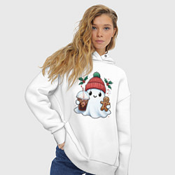 Толстовка оверсайз женская Милое новогоднее привидение с кофе и имбирным прян, цвет: белый — фото 2