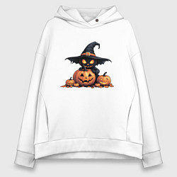 Толстовка оверсайз женская Черный призрак в ведьмовской шляпе сидит на тыкве, цвет: белый