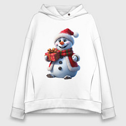Толстовка оверсайз женская Новогодний снеговик в красной шапке, цвет: белый