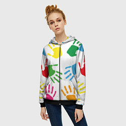 Толстовка на молнии женская Цветные ладошки - Детский узор, цвет: 3D-черный — фото 2