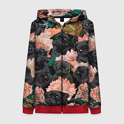 Толстовка на молнии женская Мопсы и Цветы, цвет: 3D-красный