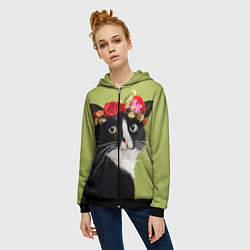 Толстовка на молнии женская Кот и цветы, цвет: 3D-черный — фото 2
