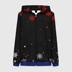 Женская толстовка на молнии КРАСНО БЕЛЫЕ СНЕЖИНКИ НА ЧЁРНОМ ФОНЕ
