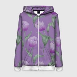 Толстовка на молнии женская Фиолетовые тюльпаны с зелеными листьями, цвет: 3D-белый
