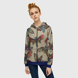 Толстовка на молнии женская Мотыльки-черепа, цвет: 3D-синий — фото 2