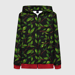 Женская толстовка на молнии Яркие зеленые листья на черном фоне