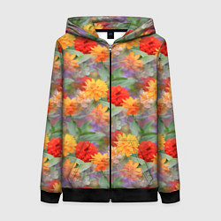 Толстовка на молнии женская Желтые и красные садовые цветы, цвет: 3D-черный