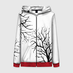 Толстовка на молнии женская Черные ветки деревьев на белом фоне, цвет: 3D-красный
