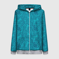 Толстовка на молнии женская Синие листья монстеры на голубом, цвет: 3D-меланж