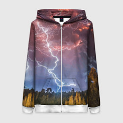 Толстовка на молнии женская Грозовые разряды молний над лесом, цвет: 3D-белый
