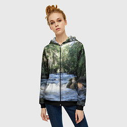 Толстовка на молнии женская Течёт река в лесу, цвет: 3D-черный — фото 2