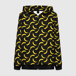 Женская толстовка на молнии Бананы паттерн на чёрном фоне