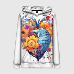 Толстовка на молнии женская Цветочное сердце с птицами, цвет: 3D-белый