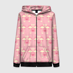 Толстовка на молнии женская Любовный паттерн с фламинго, цвет: 3D-черный
