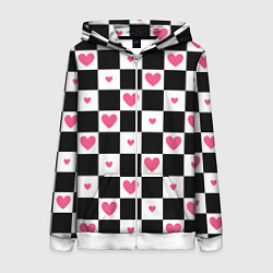 Толстовка на молнии женская Розовые сердечки на фоне шахматной черно-белой дос, цвет: 3D-белый