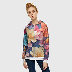 Толстовка на молнии женская Водянная лилия лотосы кувшинки, цвет: 3D-белый — фото 2