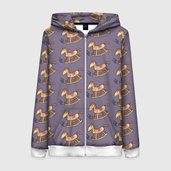 Толстовка на молнии женская Деревянные лошадки качалки, цвет: 3D-белый