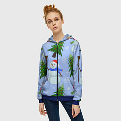 Толстовка на молнии женская Снеговики с новогодними елками паттерн, цвет: 3D-синий — фото 2