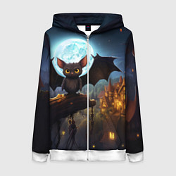 Толстовка на молнии женская Летучая мышка на фоне луны и замка, цвет: 3D-белый