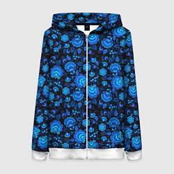 Женская толстовка на молнии Новогодняя гжельская роспись чёрный фон