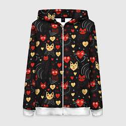 Женская толстовка на молнии Паттерн с сердечками и котами валентинка