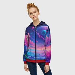 Толстовка на молнии женская Fantastic space landscape - neon glow, цвет: 3D-красный — фото 2