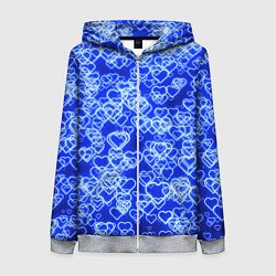 Толстовка на молнии женская Неоновые сердечки синие, цвет: 3D-меланж