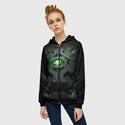 Толстовка на молнии женская Объемная абстрактная яркая зеленая фигура на черно, цвет: 3D-черный — фото 2