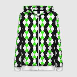 Толстовка на молнии женская Зелёные и белые ромбы на чёрном фоне, цвет: 3D-белый