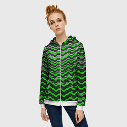 Толстовка на молнии женская Белые и зелёные полосы на чёрном фоне, цвет: 3D-белый — фото 2