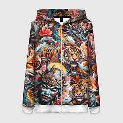 Толстовка на молнии женская Японская татуировка дракона тигра и самурая, цвет: 3D-белый