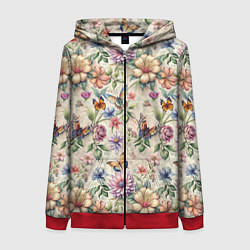Женская толстовка на молнии Летний узор с цветами и бабочками