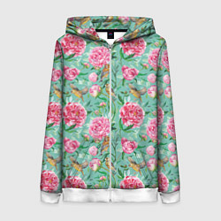 Толстовка на молнии женская Пионы и зеленушка на зеленом, цвет: 3D-белый