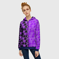 Толстовка на молнии женская Техно-киберпанк шестиугольники фиолетовый и чёрный, цвет: 3D-синий — фото 2