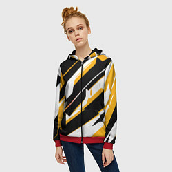 Толстовка на молнии женская Жёлто-белые широкие линии на чёрном фоне, цвет: 3D-красный — фото 2