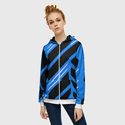 Толстовка на молнии женская Black and white stripes on a blue background, цвет: 3D-белый — фото 2