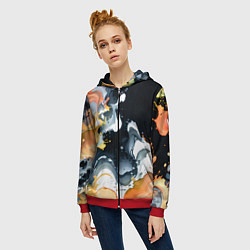 Толстовка на молнии женская Белые и персиковые разводы на черном фоне, цвет: 3D-красный — фото 2