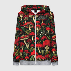 Женская толстовка на молнии Лесные красные грибы мухоморы - паттерн