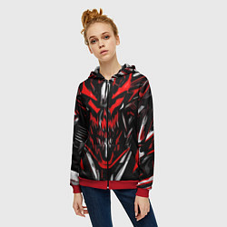 Толстовка на молнии женская Красно-белое абстрактное лицо на чёрном фоне, цвет: 3D-красный — фото 2