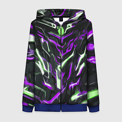 Толстовка на молнии женская Фиолетово-белые абстрактные линии на чёрном фоне, цвет: 3D-синий