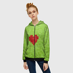 Толстовка на молнии женская Мелкая салатовая плитка сердце, цвет: 3D-черный — фото 2