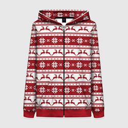 Толстовка на молнии женская Скандинавский полосатый орнамент с оленями, цвет: 3D-красный