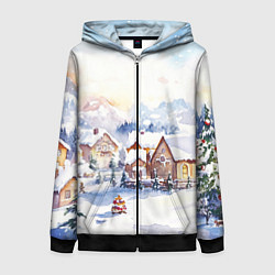 Толстовка на молнии женская Новогодний снежный город, цвет: 3D-черный